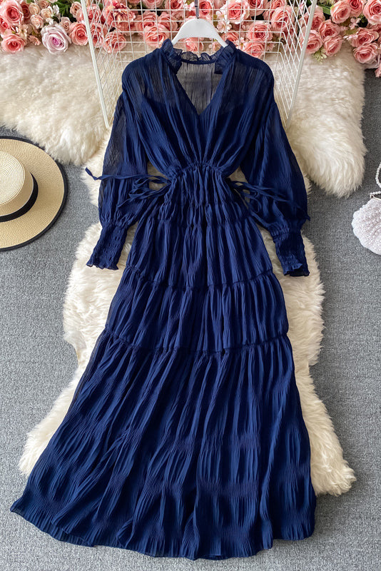 Retro Boho Chiffon V-Neck Long Sleeve Maxi Dress