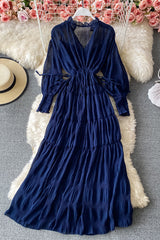 Retro Boho Chiffon V-Neck Long Sleeve Maxi Dress