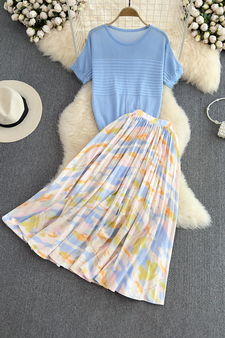 Hollow Knit Tops Pleated Skirt Set Two-Piece