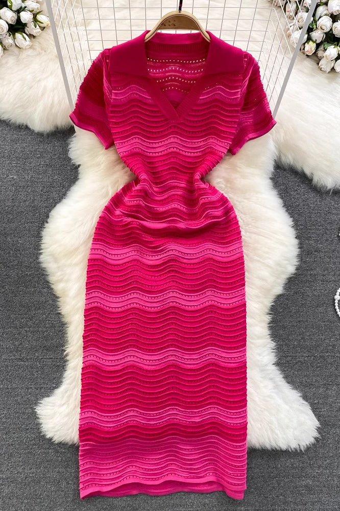 Wave Stripe V-Neck Short Sleeve Maxi Dress