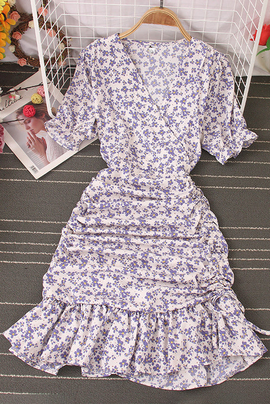 V-Neck Short Sleeve Lace Ruffle Maxi Dress