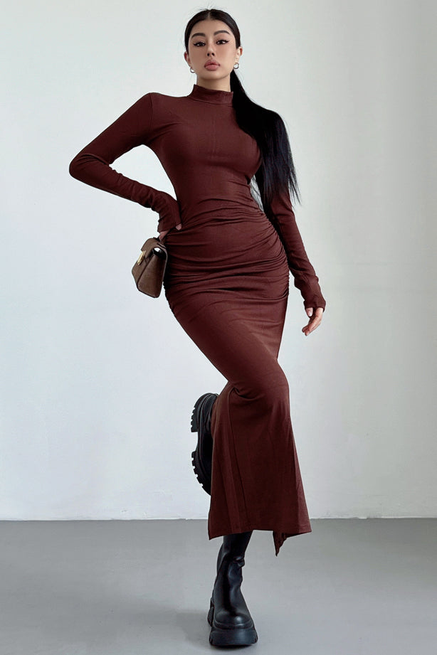 High Neck Long Sleeve Ruffle Split Maxi Dress