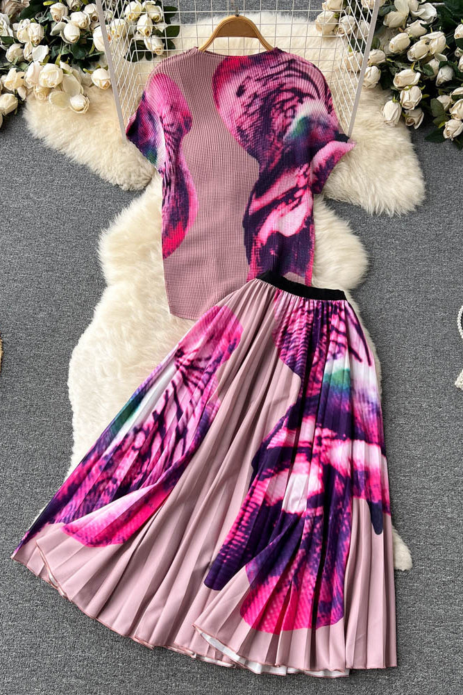 Print Knit Tops Ruffle Skirt Set Two-Piece