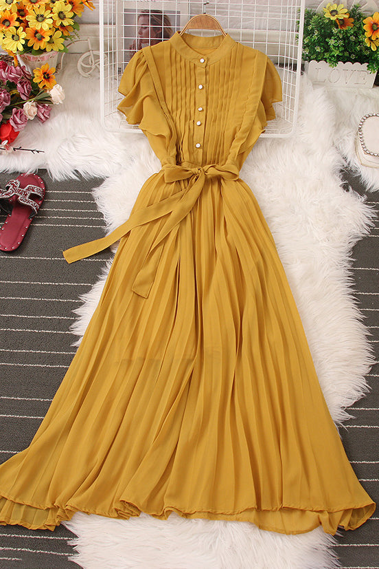 Buttons Strappy Pleated Dress