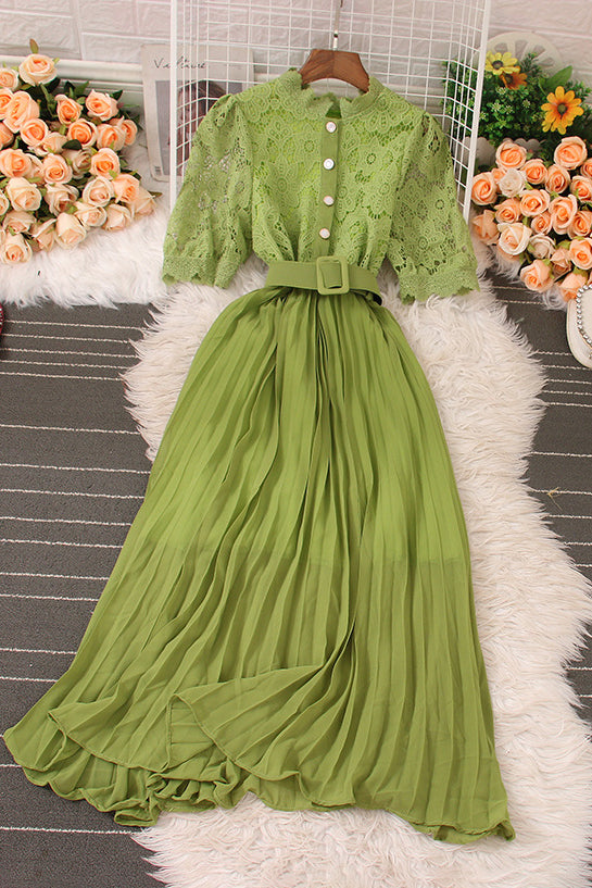 Retro Lace Hollow Short Sleeve Pleated Maxi Dress