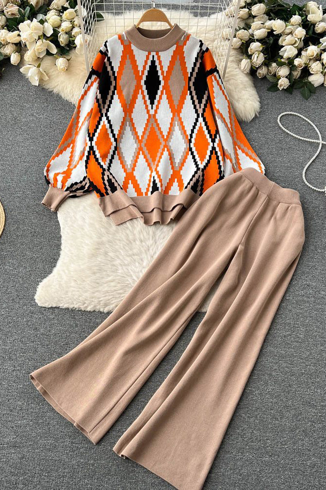 Retro Crochet Top Sweater Pullover Pants Trousers Set Two-Piece