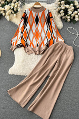 Retro Crochet Top Sweater Pullover Pants Trousers Set Two-Piece