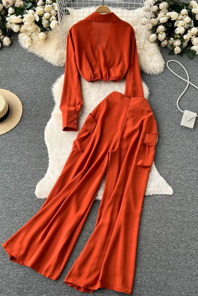 Long Sleeve Crop Tops Pants Trousers Set Two-Piece