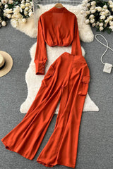 Long Sleeve Crop Tops Pants Trousers Set Two-Piece