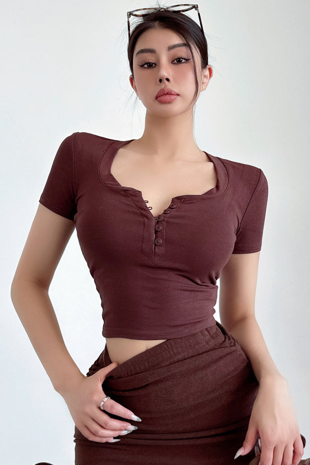 Scoop Neck Buttons Tight Short Sleeve Tops