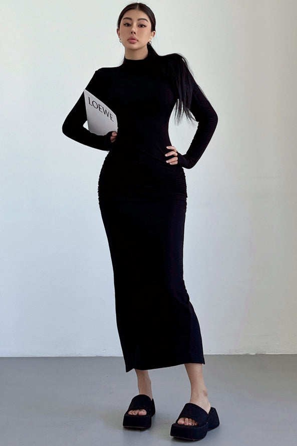High Neck Long Sleeve Ruffle Split Maxi Dress