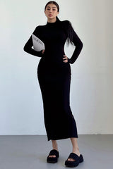 High Neck Long Sleeve Ruffle Split Maxi Dress