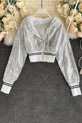 Sequin Zip Hooded Crop Cardigan Jacket Coat
