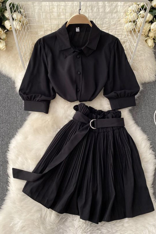 Short Sleeve Shirt Tops Pleated Skirt Set Two-Piece