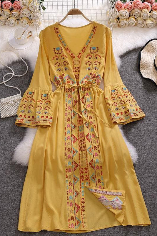 Boho Embroidery Long Sleeve V-Neck Strappy Maxi Dress