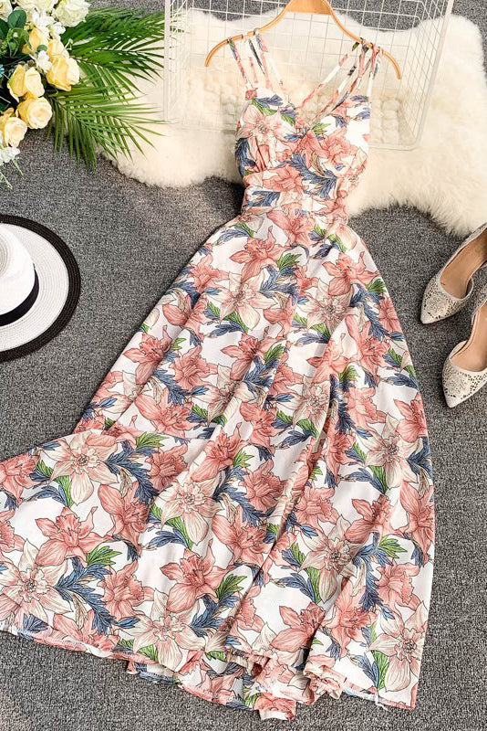 Backless Sleeveless Strap Floral Maxi Dress