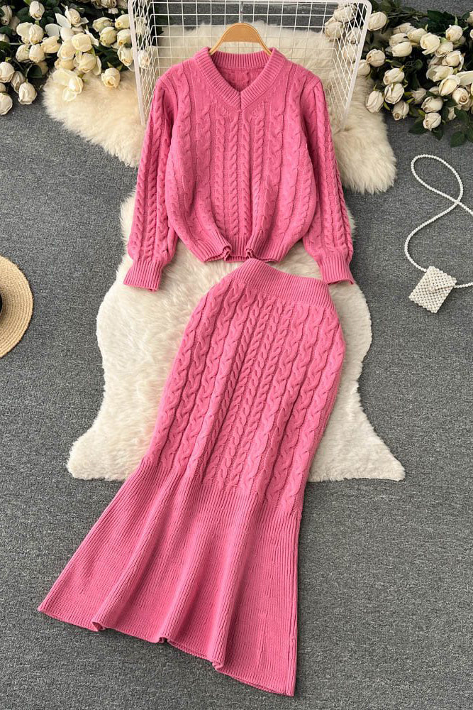 V-Neck Long Sleeve Top Sweater Skirt Set Two-Piece