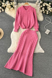 V-Neck Long Sleeve Top Sweater Skirt Set Two-Piece