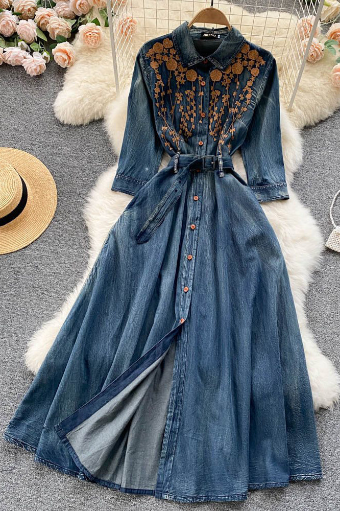 Retro Embroidery Long Sleeve Denim Maxi Dress