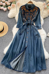 Retro Embroidery Long Sleeve Denim Maxi Dress