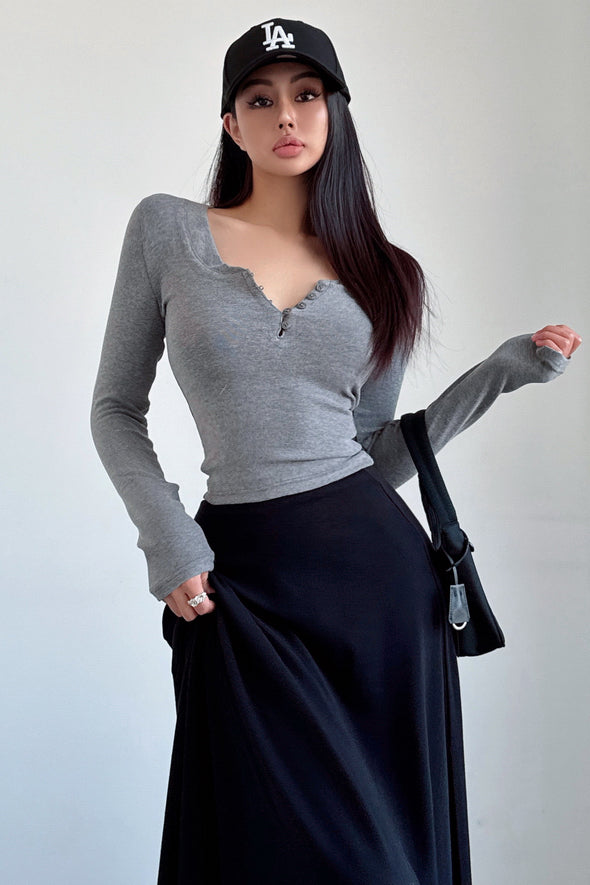 Casual Buttons V-Neck Long Sleeve Tops