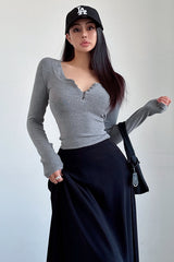 Casual Buttons V-Neck Long Sleeve Tops