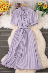 Lapel Buttons Short Sleeve Pleated Maxi Dress