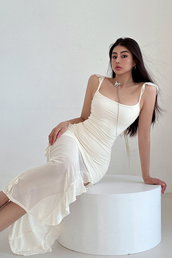 Gauze Lace Split Strap Backless Maxi Dress