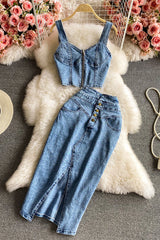 Sleeveless Strap Cami Crop Jeans Vest Tank Top Jeans Skirt Set Two-Piece