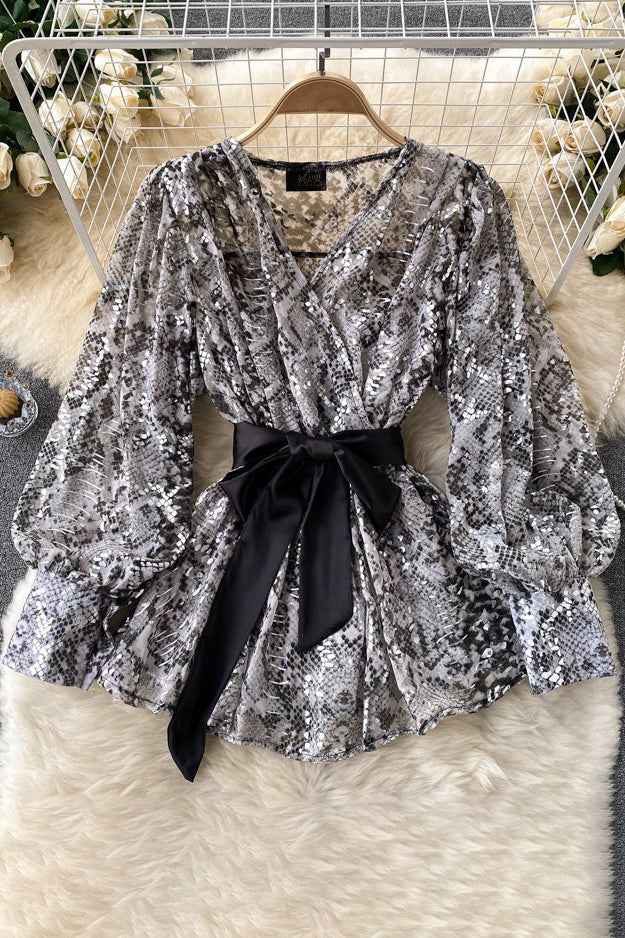 V-Neck Long Sleeve Snake Print Bow Strappy Top
