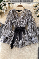V-Neck Long Sleeve Snake Print Bow Strappy Top
