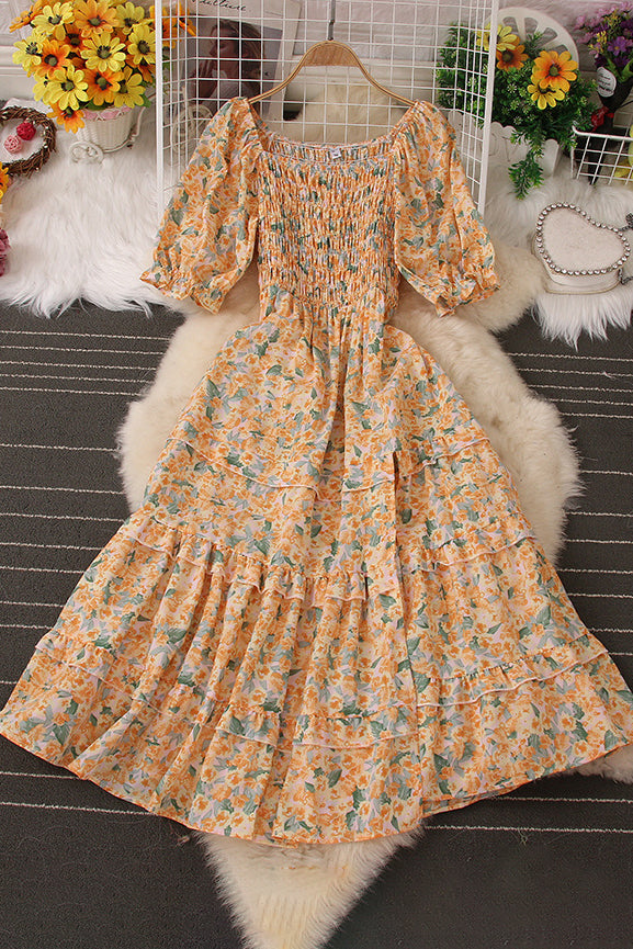 Floral Short Sleeve Ruffle Maxi Dress