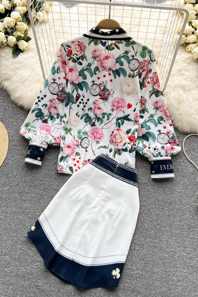 Print Long Sleeve Bow Shirt Irregular Skirt Set Two-Piece