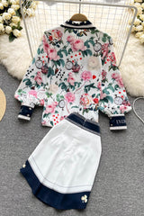 Print Long Sleeve Bow Shirt Irregular Skirt Set Two-Piece