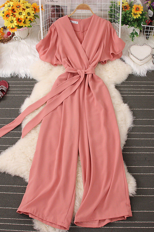 V-Neck Short Sleeve Strappy Romper Jumpsuit