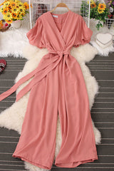 V-Neck Short Sleeve Strappy Romper Jumpsuit