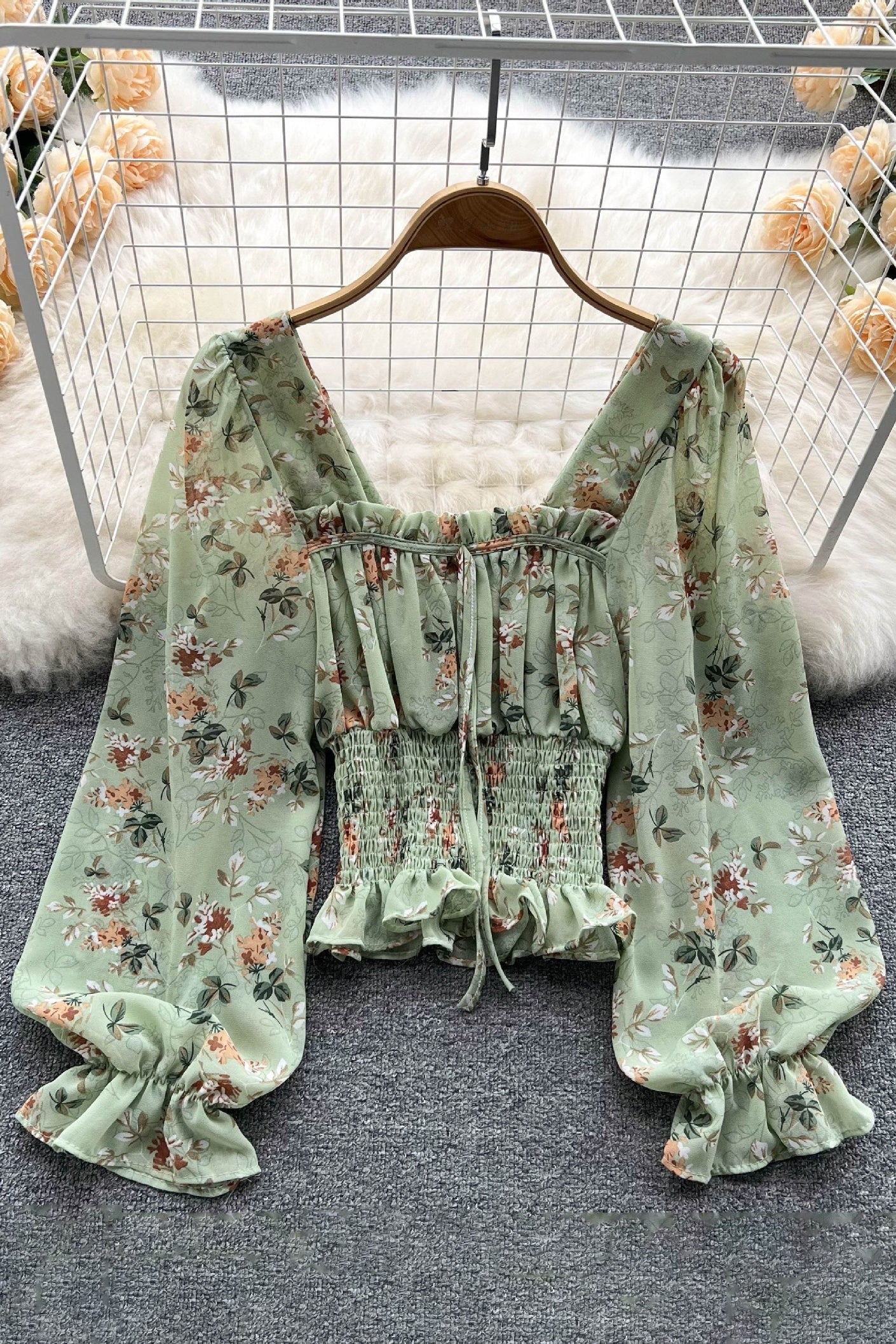 Floral Ruffle Long Sleeve Crop Top