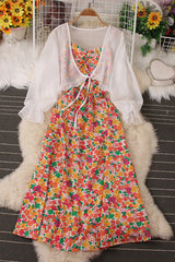 Floral Backless Strap Maxi Dress Chiffon Cardigan Top Set Two-Piece
