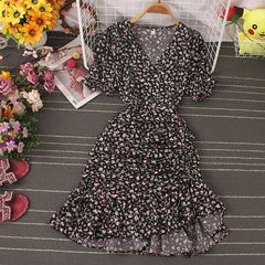 V-Neck Short Sleeve Lace Ruffle Maxi Dress