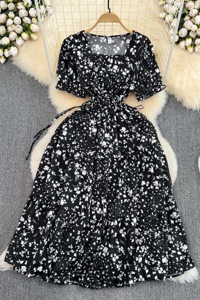 Square Collar Short Sleeve Floral Strappy Maxi Dress