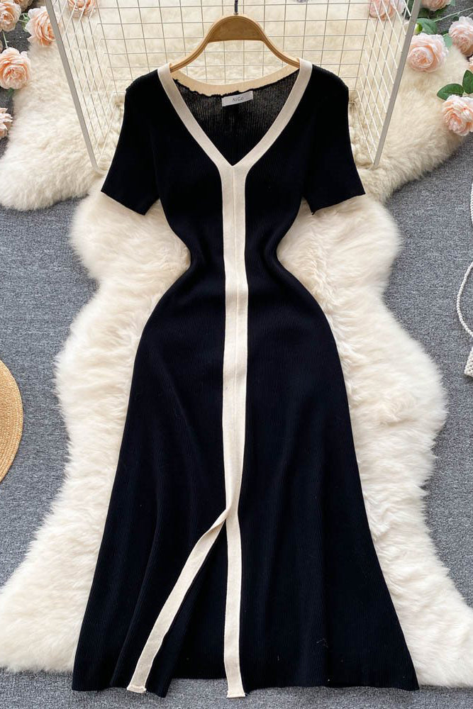 V-Neck Short Sleeve Knit Maxi Dress