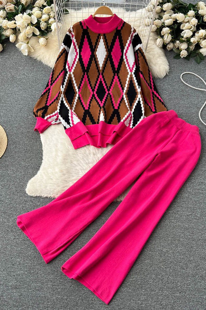 Retro Crochet Top Sweater Pullover Pants Trousers Set Two-Piece