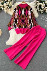 Retro Crochet Top Sweater Pullover Pants Trousers Set Two-Piece