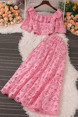 Lace Hollow Short Sleeve Crop Top Skirt Set Two-Piece