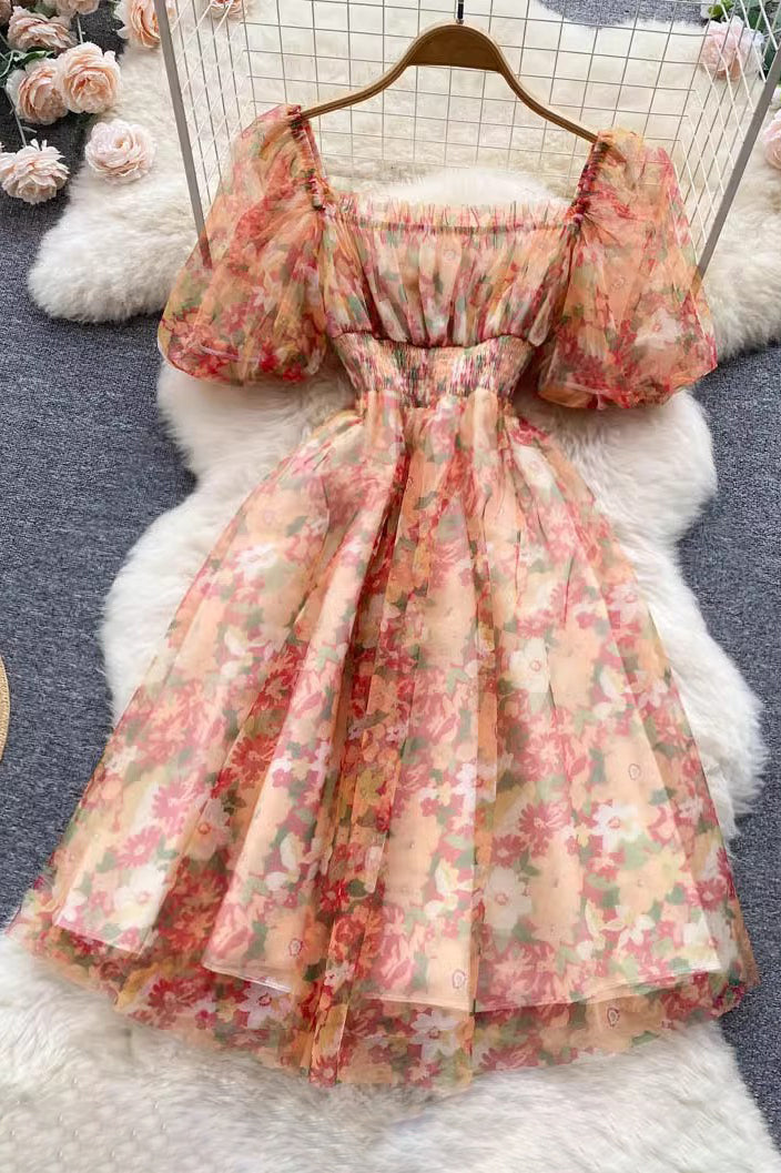 Chiffon Floral High Waist Short Sleeve Maxi Dress