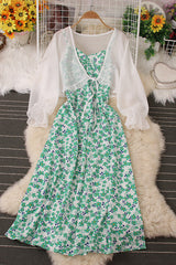 Floral Backless Strap Maxi Dress Chiffon Cardigan Top Set Two-Piece