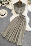 Sleeveless Zip Vest Tank Top A-Line Skirt Set Two-Piece
