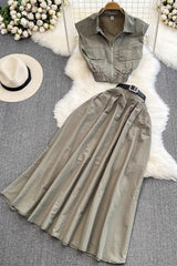 Sleeveless Zip Vest Tank Top A-Line Skirt Set Two-Piece