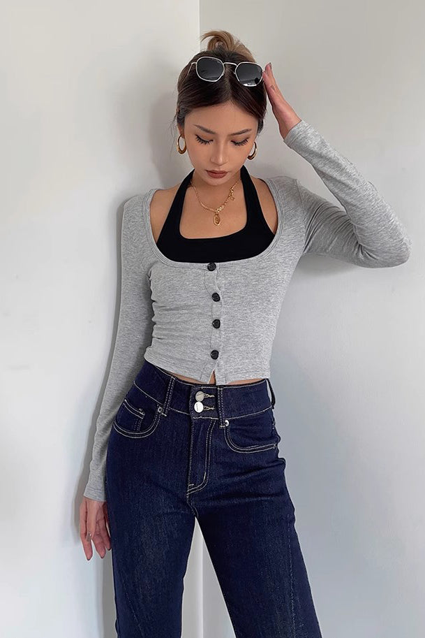 Long Sleeve Fake Two Tank Tops Fitted Basic Cami Tee Shirts