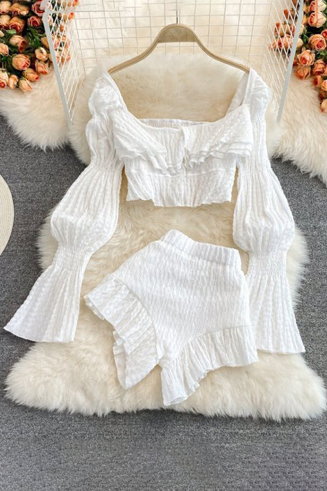 Long Sleeve Crop Top Shorts Set Two-Piece